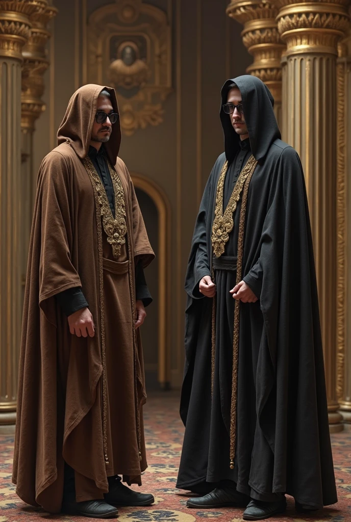 a young handsome european man black hair short beard blue eyes wearing a black noble cloth with hood cover his head with black gloves holding a tarot cardin his hand in the council meeting room at night with picture of a king on the wall, cinematic