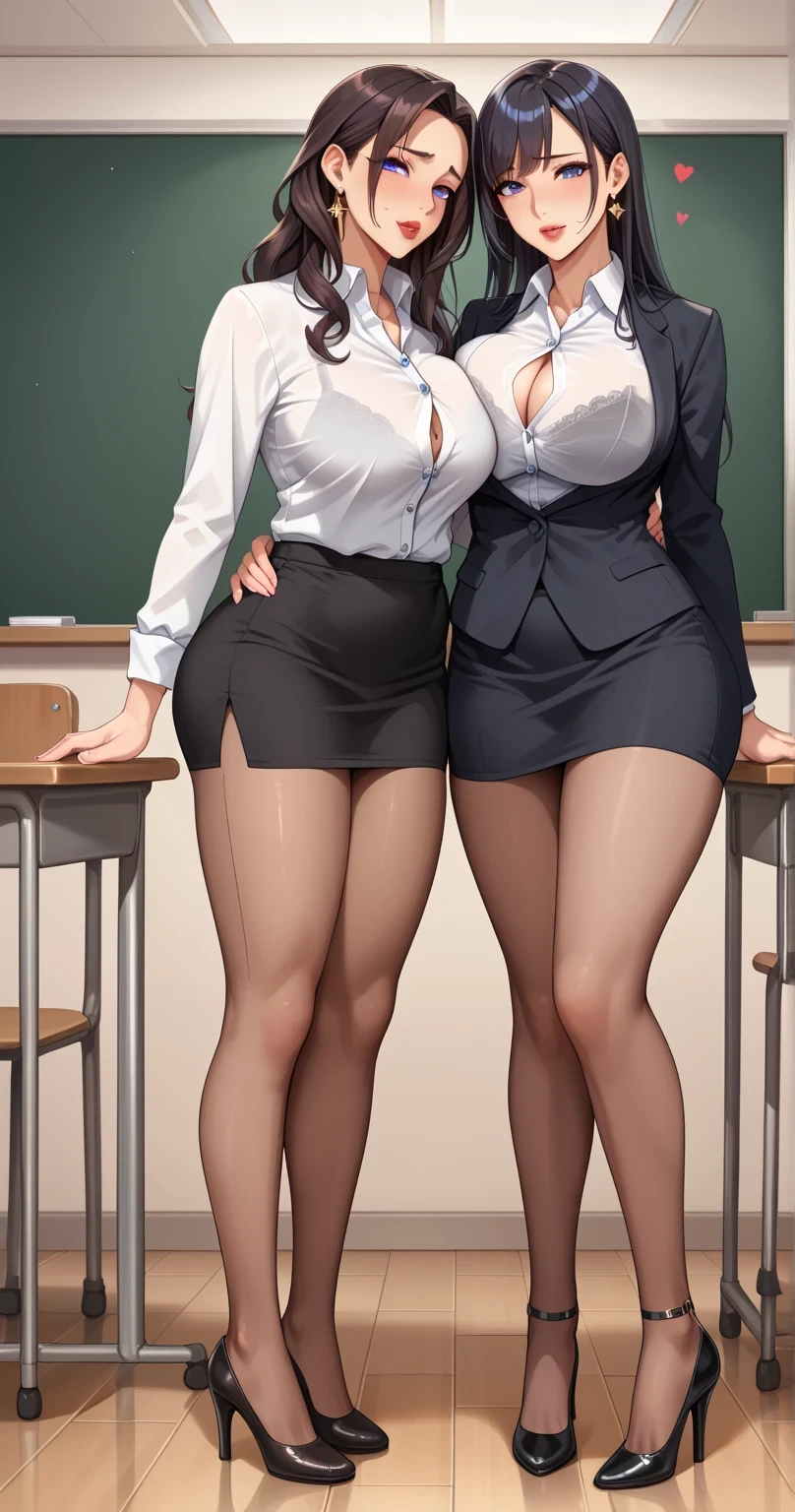 Score_9, Score_8_up, Score_7_up, Score_6_up, Score_5_up, Score_4_up, Source_anime, Tag1, Tag2, Best quality, High quality, Detailed, High resolution, 8k, Ultra high res, Soft saturation, Professional quality, Perfect contrast, Perfect litthing, Anatomically correct, Sensual woman, Mature female, MILF, Motherly, Embarrassed, Shy, Slutty, light-skinned female, lightly tanned, languid look, Hourglass figure, Sexy curves, Elegant, Graceful, Beautiful face, Perfect face, Highly detailed Beautiful face and eyes, Attractive face, Detailed face, Delicate facial features, Detailed skin, Glamor, Bitch, Slut, Whore, Curvy,seductive BREAK Face focus, Slim - long legs, long legs, Slender legs, Trim body, Sporty physique, Slegant, Graceful, Status, luxurious, Graceful, Moderately modest, Respectful, Mature woman, Mature, Full lips, Long hair, Chic hair, Dark hair, long cascade haircut, Puffy lips, Red lipstick, Blue eyes, Big breasts, Wide hips, Hug breasts, Heart butt, huge butt, Black see-through tights, Black see-through tights, Tights, Black tights, Black high-heeled shoes, Knee-high skirt, Business casual, school, empty classroom, Anatomically correct, Anatomically correct positioning of the eyes, Blue-colored eyes, Teacher, white blouse with buttons, neckline, through the fabric of the blouse you can see a black bra, black pencil skirt, jacket, sex