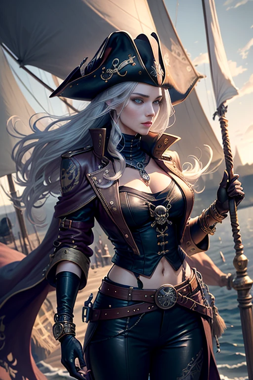 full body Esbian, of the highest quality, Intricate details , (Fine skin, Shiny skin, Shiny hair, pale complexion,Big breasts), Red sky, Red Moon, Sail ships, Pirate Ship, ((Flag skull mark)), ambitious, Seductive Woman, Gray hair, Long hair, Hair fluttering in the wind, Skull mask on half of the face, Detailed tattoos, leather clothes, sleeveless clothes, leather coat, Leather gloves, Solid Gold Bracelet, leather pant, Red pants, Pirate Hat , Hat with skull marker, (Leather Belt), Look far away