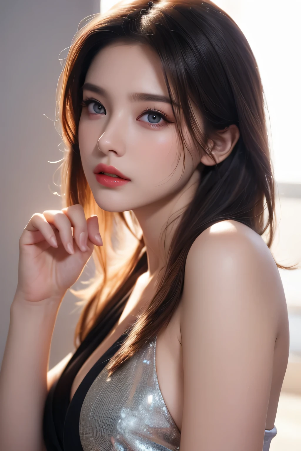 (8k, Ultra-high resolution, The best masterpiece, best quality:1.2), Very detailed, Complete Solution, (actual, actual photo: 1.37), portrait, Half Body, focus on eyes, HD RAW photos, career arrest, High quality and beautiful, 超高清 8k 影像照片, Volumetric lighting, Soft Light, confess, Professional photography, Very detailed的美麗女孩, Super delicate face shape, Contoured eyes, (Very detailed eyes), Precisely shaped nose, expressive lips, Delicate skin, (HD Skin:1.2), Neatly contoured fingers, Every feature is carefully displayed, a story, (20:1.2), Twenty generations, cute girl, young mother, Beautiful mature lady, brown hair, long, straight hair, sparkling amber eyes, red lips, Cleavage, Fashionable casual wear, perfect anatomy, Detailed background, HD background without blur, particle, actual, stunning details, 8k Ultra HD, high quality, CG unity, C4D Rendering, 3D Rendering