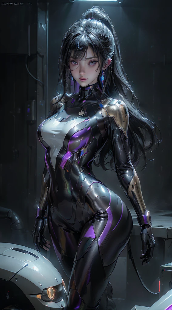 score_9, score_8_up, score_7_up, BREAK,
 1girl, black hair, bodysuit, cowboy shot, gradient, gradient background, latex, long hair, looking at viewer, realistic, shiny, shiny clothes, skin tight, solo, standing,GANTZ