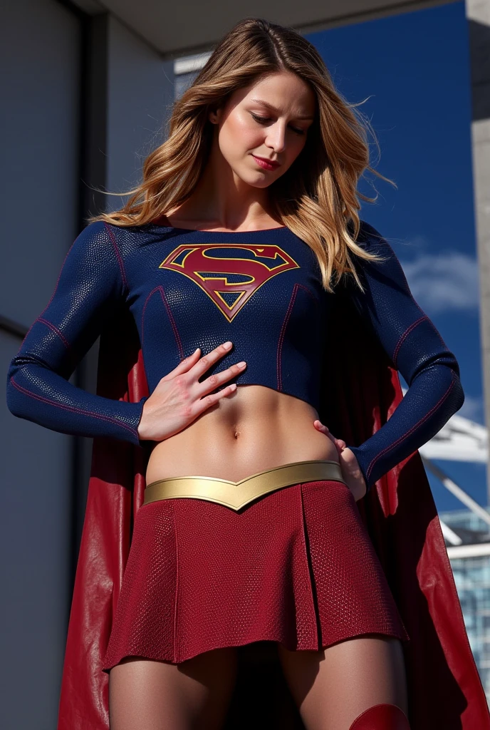 whimpering Melissa Benoist open thighs,super girl up skirt,(white panties),(shoot from below),(coverd nipples),wind from below,sky,solo, red cape,(red thin skirt),(blue tite long sleeve shirt),damage, injuries,bruises,