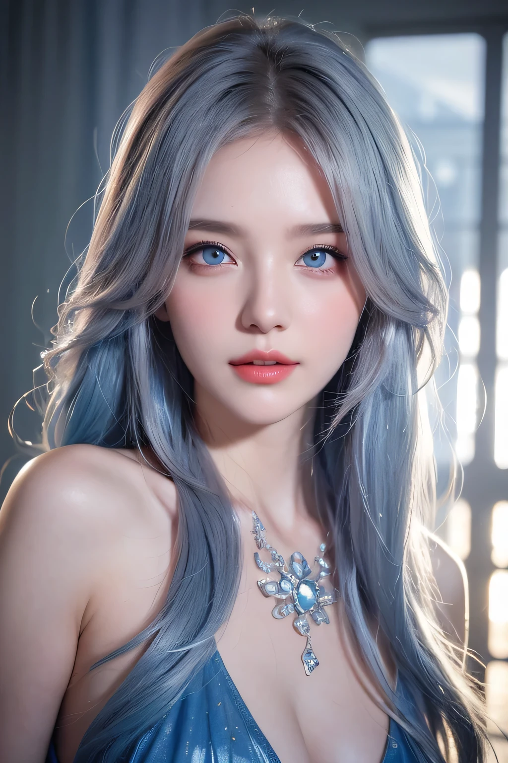best quality, masterpiece,  (realistic:1.2), 1 girl, blue hair, blue eyes,Front, detailed face, beautiful eyes, make up,