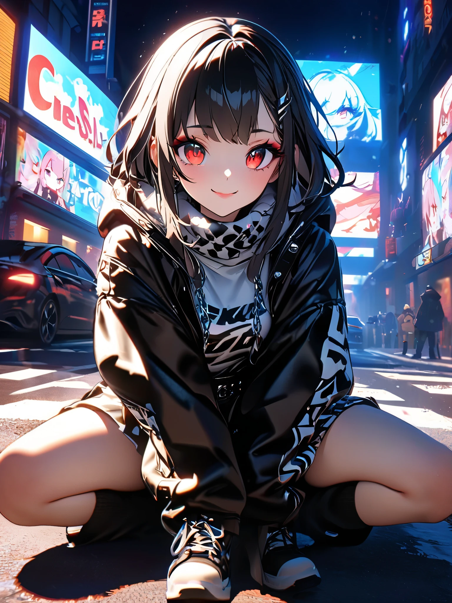 Anime girl sitting on the ground in a city at night - SeaArt AI