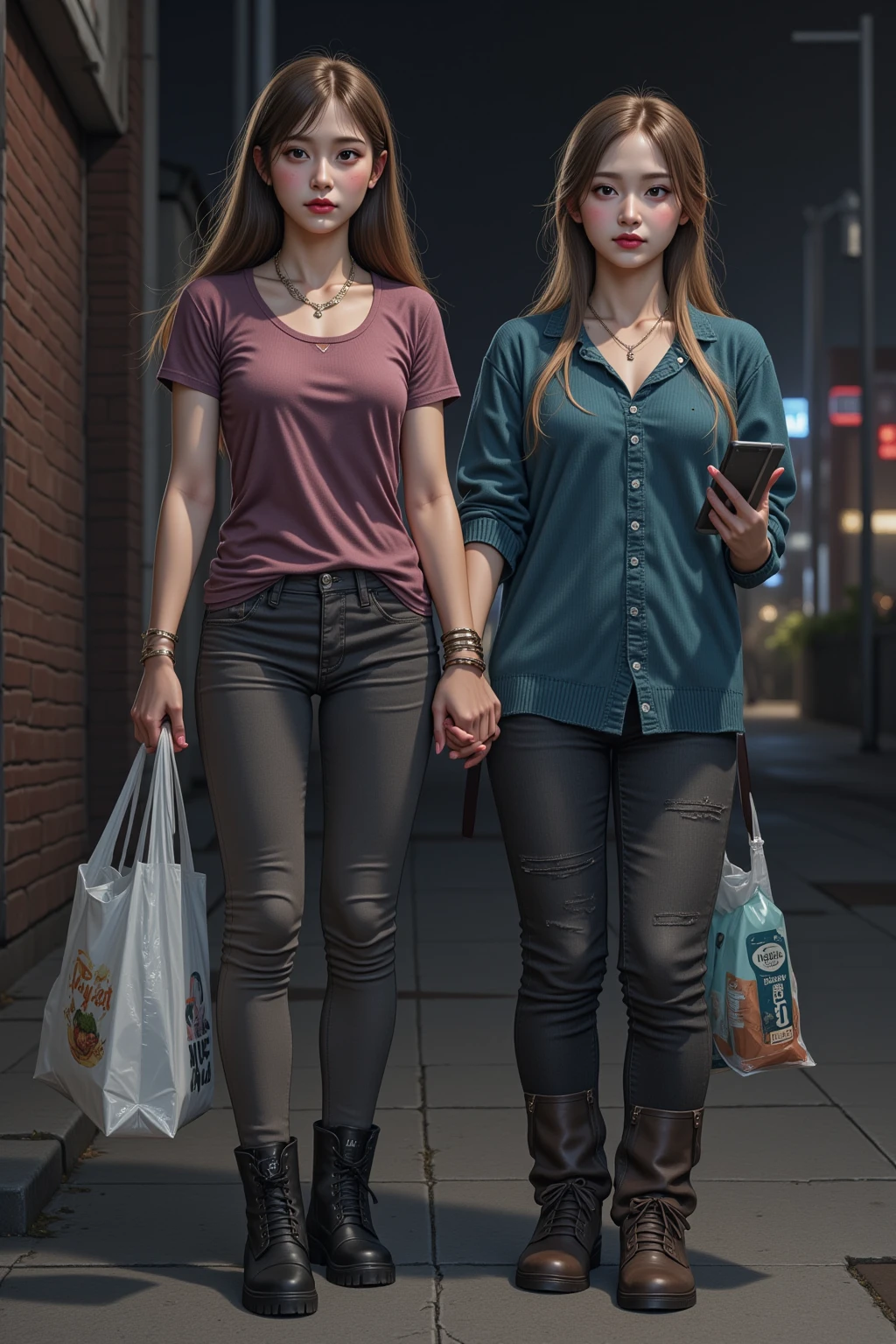 Una imagen espectacular. A medium shot of a beautiful young woman of about 23 years and her sister of 27 years even more impressive, are of Germanic origin. The two are together holding hands strolling down a New York street on a Saturday night on their way to party areas............................... Realismo extremo, detalles locos, intricate composition, cinematic quality, perfect photography, Colores sublimes.