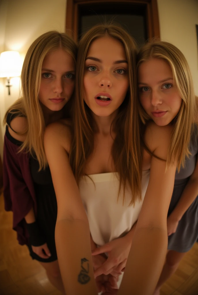 3girls in, age20, Solo, Long wavy hair, , long messy windy blonde hair, looking at camera, o-face, blonde hair, jewelry, Full body standing, (extremely detailed 8k wallpaper), soft lighting, high quality, film grain, Fujifilm XT3 sharp focus, f 5.6, 50mm, High Detail, Sharp focus,(natural light), (seductive), revealing, Realistic, sexy, (tight white vulvas),jerk-off viewer, instant cumshot, no clothes on, full body standing head to toe,nude-n-naked, 4some
