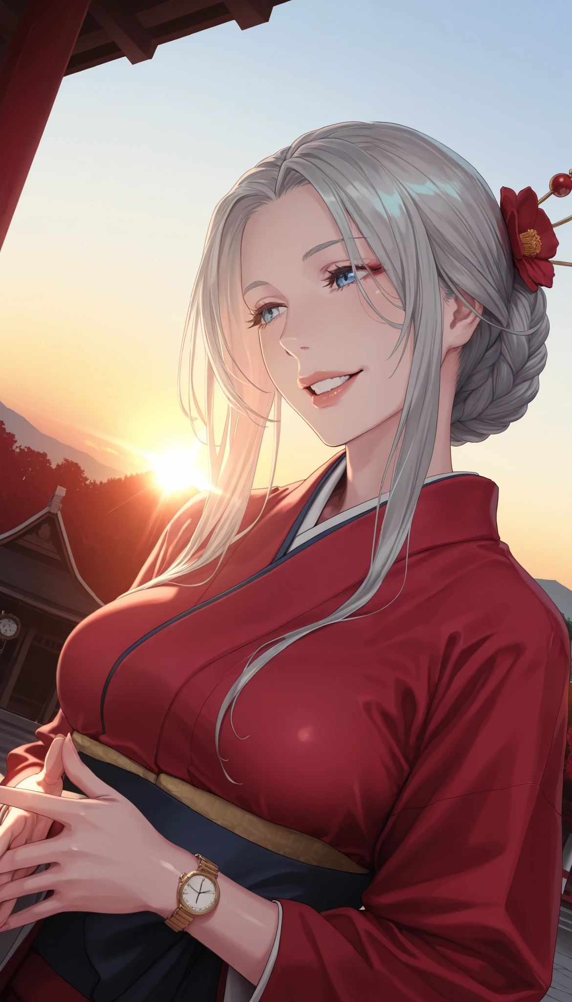 masterpiece, TOP QUALITY, Alone,1 girl, cute, Alone, Gray Hair, long hair, braided bun, red flower hair stick, blue eye, watch viewers, 片eye閉じ, big smile, open your mouth, medium breasts, traditional red kimono , Dutch angle, upper body, Twisted Pose , head tilt, own hand together, hand to the side, bitches line up in front of the motel, shrine, Sunrise, backlight, sunlight filtering through the trees, emphasis on fine fabrics, rimlight, facial focus, break, Very elaborate clothing, eye, hand, refer to, lips, detailed eye, shiny skin that is creating, detailed skin, detail hair , high contrast