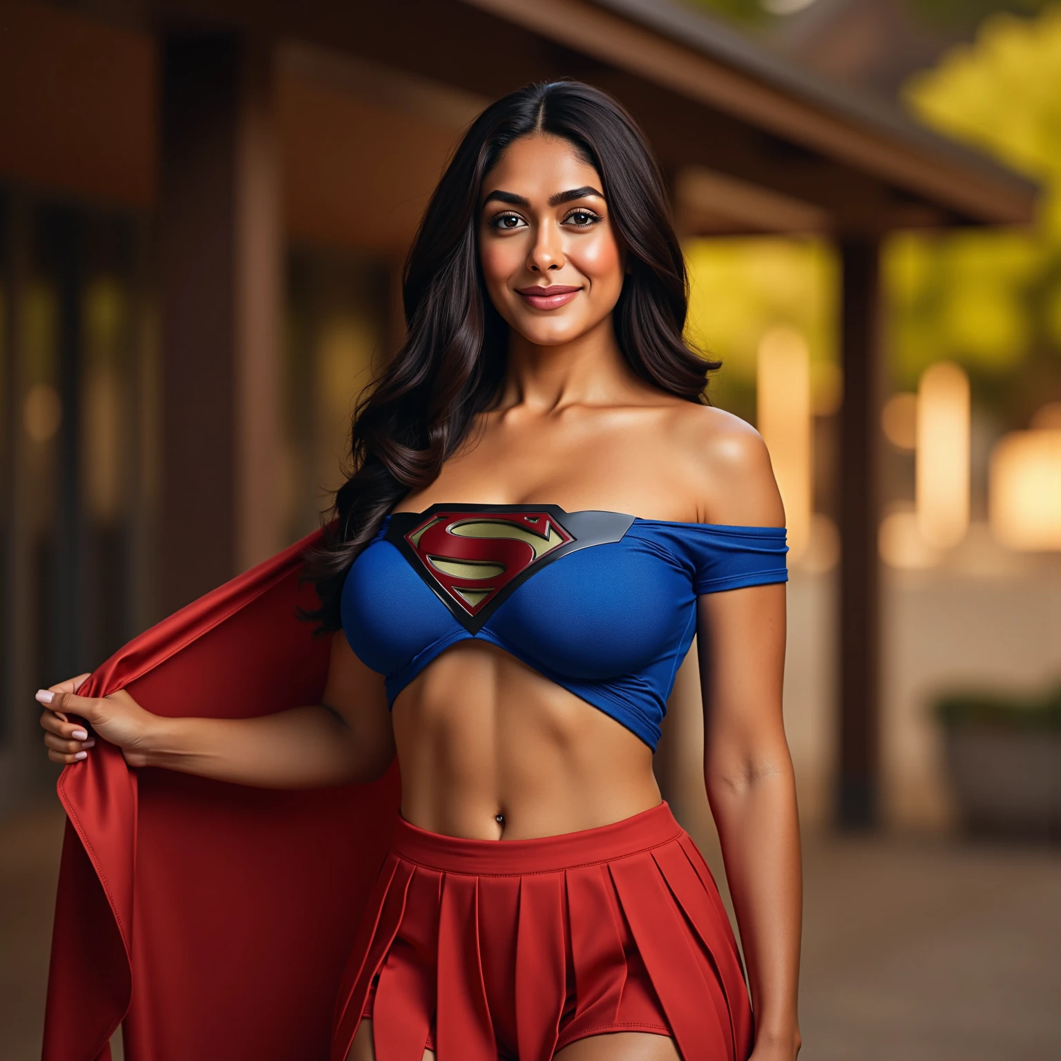 Indian girl as Super girl on the city street, cinematic light, beautiful woman, skinny, medium breasts, black long hair, detailed face, smile, facing the camera, photo taken from a distance, She wears SuperMan suit, blue an red color scheme, and Superman logo S on chest, short skirt, (Skirt lift), (lifting skirt in one hand), (genitals visible), (private hair), red cape floating in air