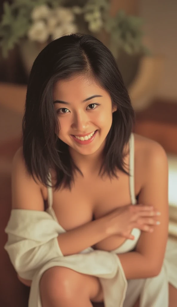 Very cute 16 year old Japanese woman, corners of mouth turned up, gentle smile, muffin top, detailed face, detailed body with nice curves, in the bedroom. Late night, movie photography, Leica 50 mm prime lens, Cine Steel 800T film, art color photography