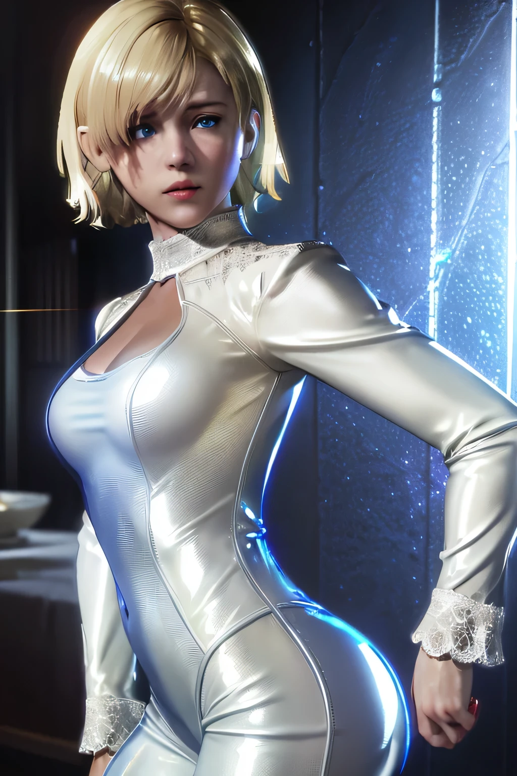 perfect anatomy TOP QUALITY, highest resolution,(((shiny white clothes Shiny Blonde short hair full of pee blue eyes Shiny Skin))) Sherry Birkin