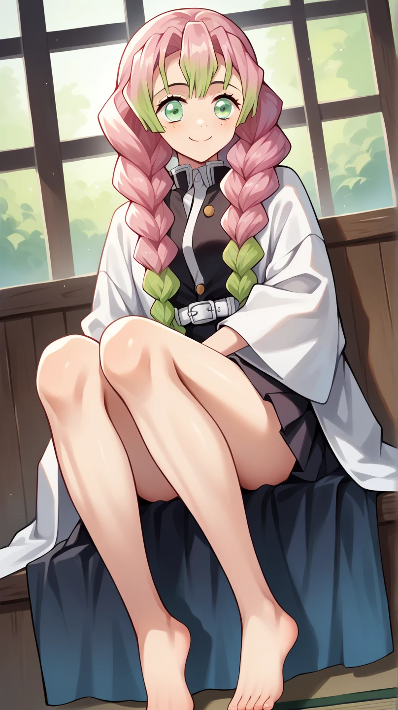 sex vaginal, holding, boy holding girl, , anime style, medium breasts,upskirt, mitsuri kanroji (demon slayer), pink hair, green eyes, braids, sitting