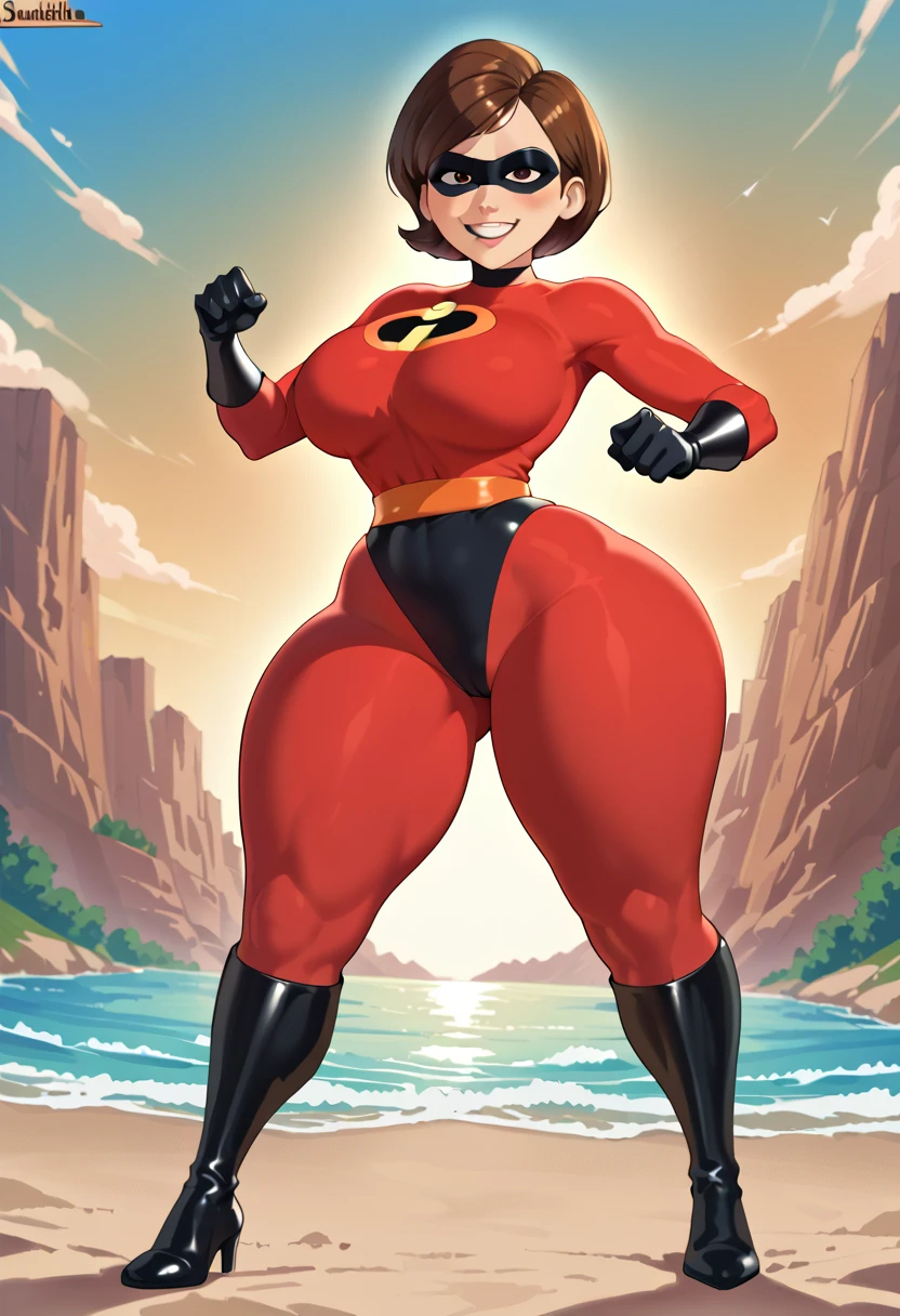 (masterpiece:1.2), (best quality), (ultra detailed), (8k, 4k, intricate),(full-body-shot:1), (highly detailed:1.2),(detailed face:1.2), (detailed background),detailed landscape, (dynamic pose:1.2), helenparr, 1girl, solo, short hair, brown hair, brown eyes, mask, superhero, domino mask