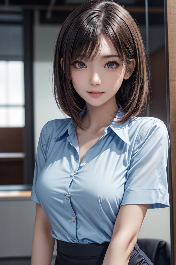 masterpiece, best quality, ultra-detailed, illustration, epic lighting, cinematic composition, isometric, view from above, (1girl:1.5), (solo:1.5), cute, blue eyes, green eyes, detailed iris, black hair, swept bangs, single sidelock, red hairclip, white collared shirt, black necktie, black pants, formal, enchanting gaze, captivating pose, indoors, office, door, opening door, looking at viewer, peeking out upper body, blush, seductive smile, closed mouth,(8k:1.1), (ahegao:1.5)