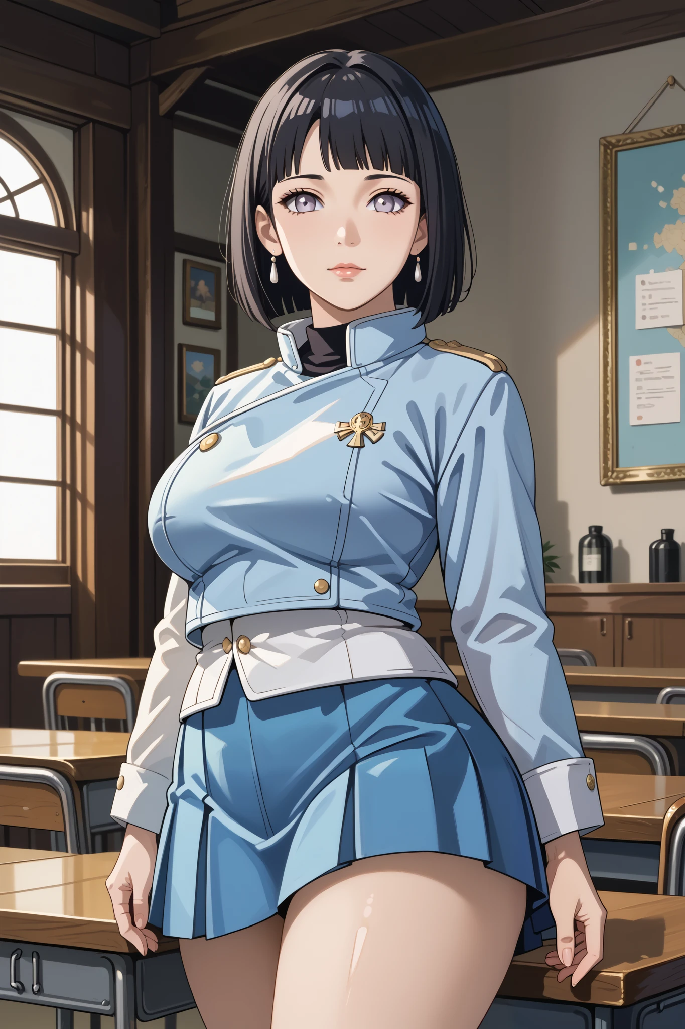 score_9, score_8_up, score_7_up, source_anime, 4K,perfect fingers,(perfect hands, perfect anatomy),prefect lighting, very aesthetic, intricate details,highly detailed background, masterpiece, high quality, best quality,
1girl, hinata_boru, bangs, short hair, black hair, mature female,huge breast,dense chest,
wearing ((blue jacket, blue skirt, jacket,   )),,
looking at viewer, indoors, military place, (perfect hands, perfect anatomy),