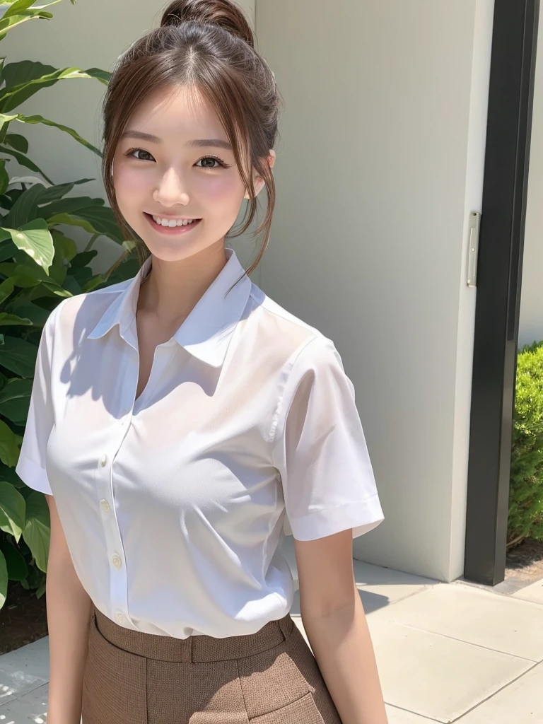 Best image quality、8K、Cafe店員、She lifts her skirt to show her panties、(Sheer lace white panties)((Collared shirt、Skirt))、Black Stockings、Beautiful feet、Slender、Japanese women、Provocative smile、high resolution、Cafe、short hair、23 years old、Big eyes、Kamimei、Cafe店員、((Slender女の子))(Slender and beautiful legs)(Highly detailed face)(Wearing an apron)(Black Pantyhose)(Bent knees)