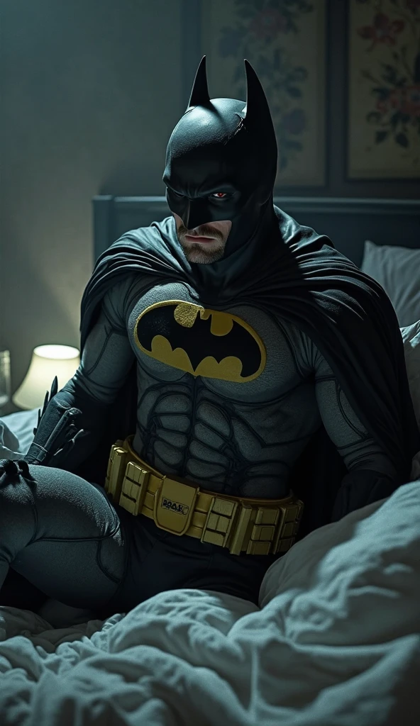 create batman sitting on the corner of a hospital bed looking with dark filter