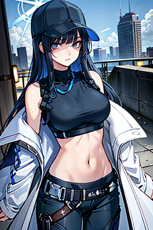 saori, (best quality), (masterpiece), detailed, (illustration), 1girl, long hair, navel, solo, breasts, midriff, hat, off shoulder, pants, crop top, sleeveless shirt, belt, sleeveless, black shirt, outdoors, baseball cap, blue eyes, black headwear, large breasts, halo, black pants, black hair, cowboy shot, bare shoulders, cityscape, black belt, underbust, standing, open clothes, coat, blue hair, night, white coat, very long hair, chest harness, closed mouth
<lora:saori-v1.0:1:MIDD>