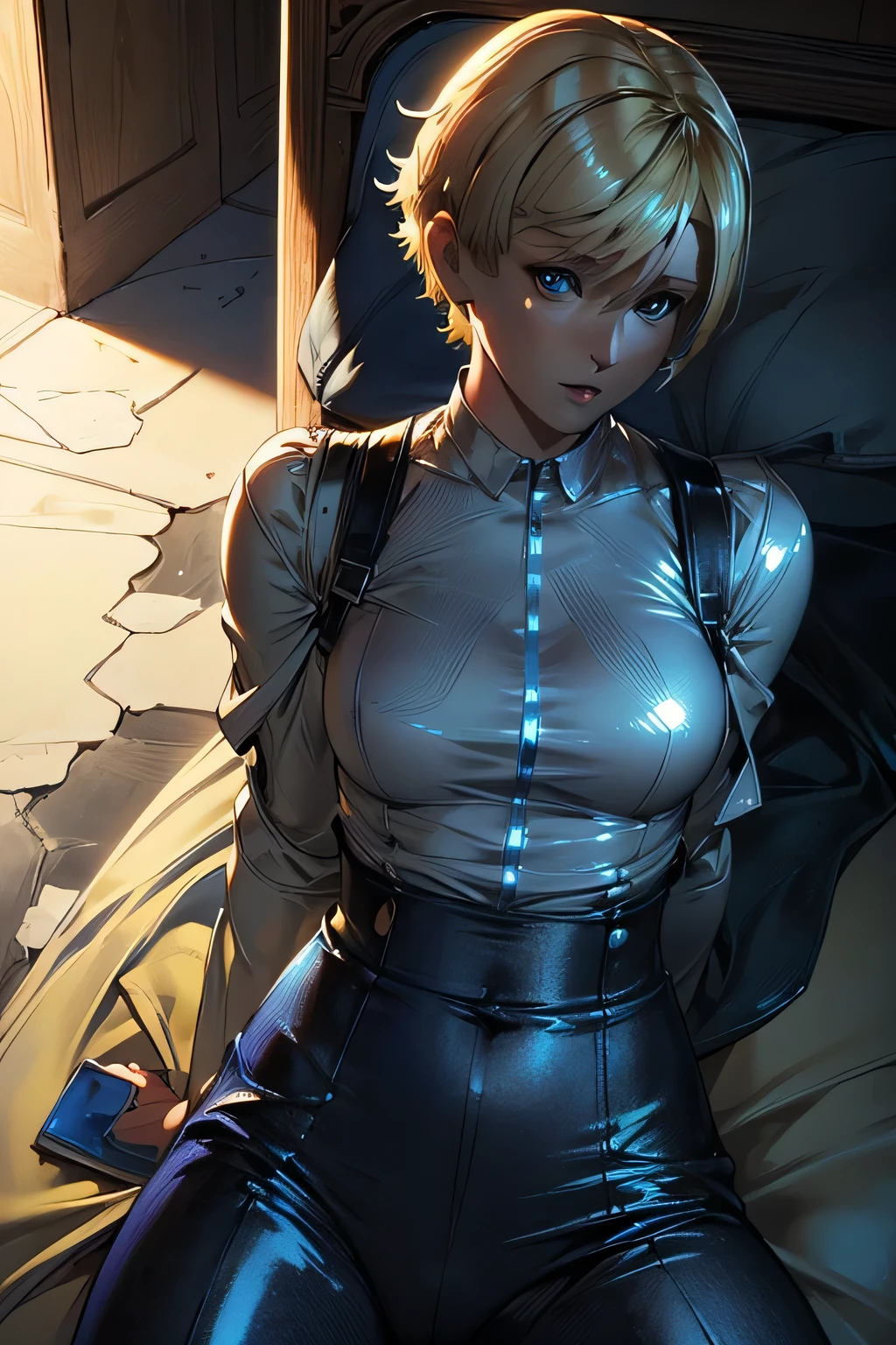 perfect anatomy　TOP QUALITY, highest resolution,(((shiny clothes　Shiny Blonde　short hair full of pee　 blue eyes　Shiny Skin)))　Sherry Birkin