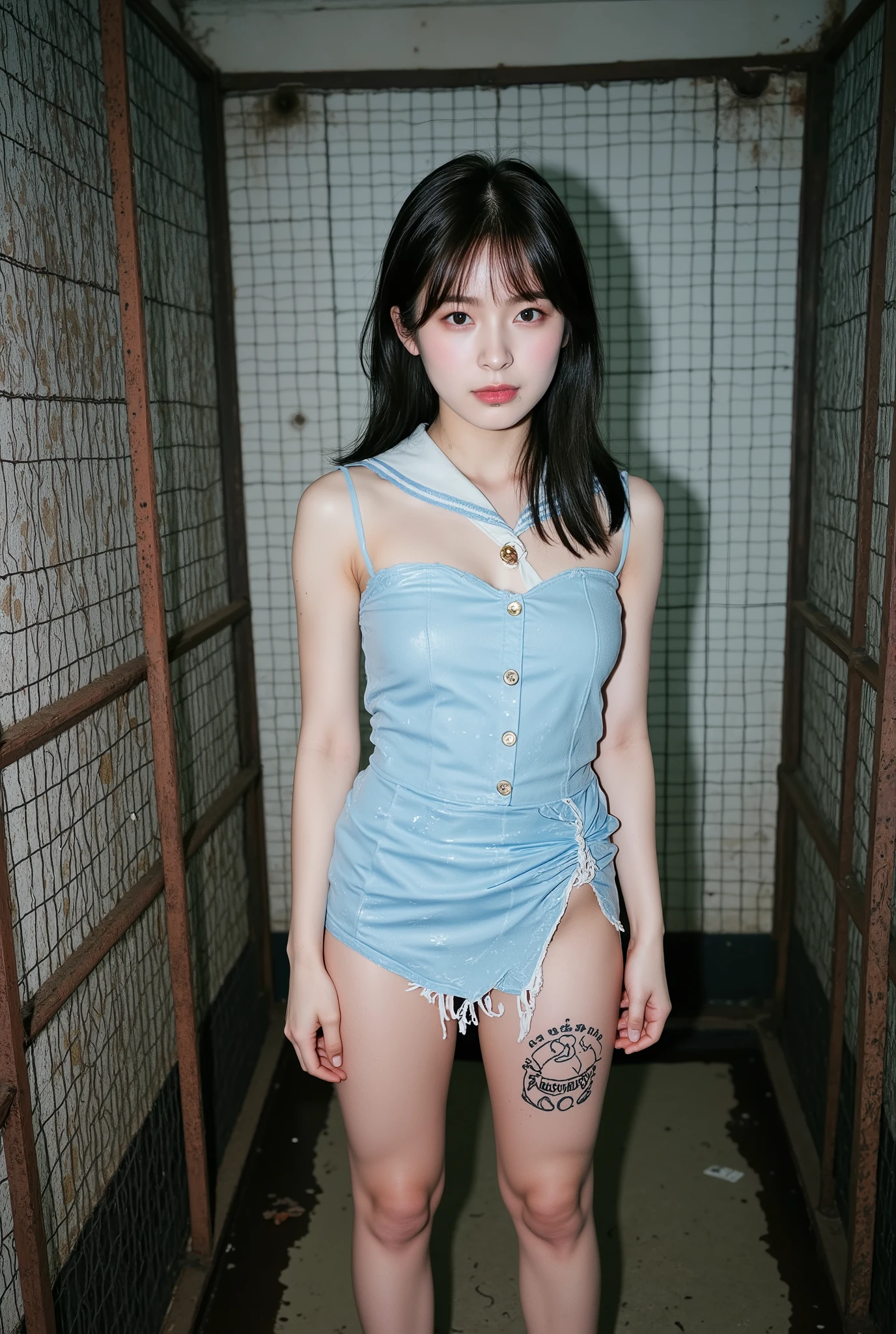 NSFW,
Film camera depiction,
Wide-angle lens,
Full-body shot,
A beautiful Korean woman is barking customers in the slums,
Her bangs,
She has a slender figure but her thighs are very thick,
((Her pale body has large scars that have turned into ugly keloid scars)),
She was a member of a Korean idol group but retired because of her scars,
She ended up in this slum,
Her body is covered in scars,
She has many tattoos,
She has a tattoo of a picture of poop,
She has a tattoo of the words "Sluty Arin",
She has become very dirty,
She smells of filth,
((Her skin has many bumps and acne)),
She is wearing a light blue sailor collar sleeveless miniskirt dress,
Her light blue sailor collar sleeveless minidress skirt has two deep slits that expose her thighs. Her clothes are torn and worn in places and look very old,
She is very dirty and filthy both in body and clothes,
She is a beggar,
She is high on drugs,
She does not refuse sex,
She has sex with a dog,
There is a large dog nearby with whom she often mates,
She is in a rusty iron cage in a room in the slums,
She is prostituting herself in the cage,