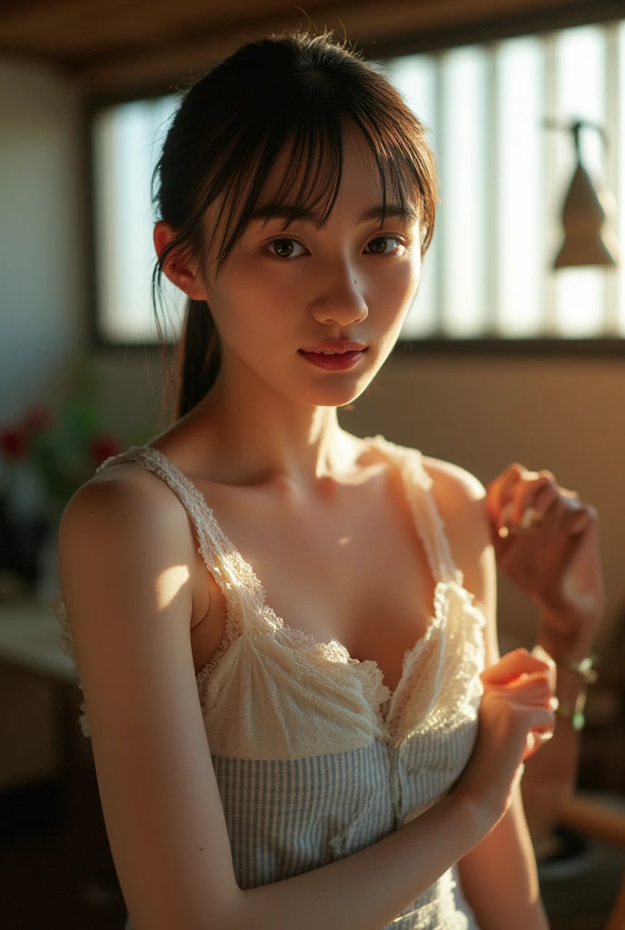 ((((masterpiece、Highest quality、High resolution、Tabletop、wallpaper、Realistic、Bright lighting、Professional Lighting、Face Light、Smooth lighting、Japanese women、Beautiful woman、action、gravure、sexly、so beautiful、Beautiful Skin、Beautiful and exquisite、Detailed face、slim、Looking into the camera))))、((Big Breasts:1.4))、((((japanese,20-years-old,One woman,outdoors,Looking into the camera,night dress:1.5)))),smile,close mouth,Five perfect, beautiful fingers on each side