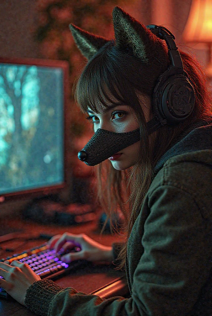 A rat woman, playing Dead By Daylight on a gaming computer, realistic styling