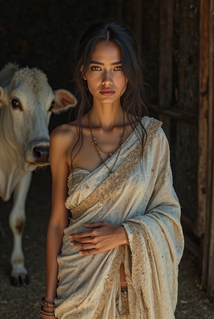 Beautiful indian woman, portrait, wearing saree, detailed face, cute, eyes, iconic, photorealistic, 🌧️,detailed background, big breasts,  minimal clothing, wet body, long ponytail  hair, curvy body, symmetric face, masterpiece, 8k, ultra realistic, riding horse