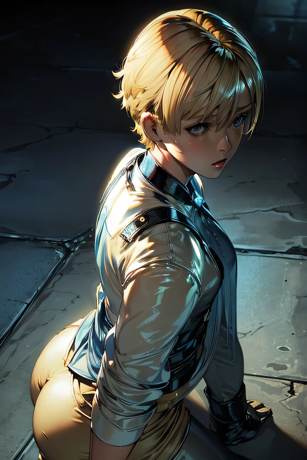 perfect anatomy TOP QUALITY, highest resolution,(((shiny clothes Shiny Blonde short hair full of pee blue eyes Shiny Skin))) Sherry Birkin
