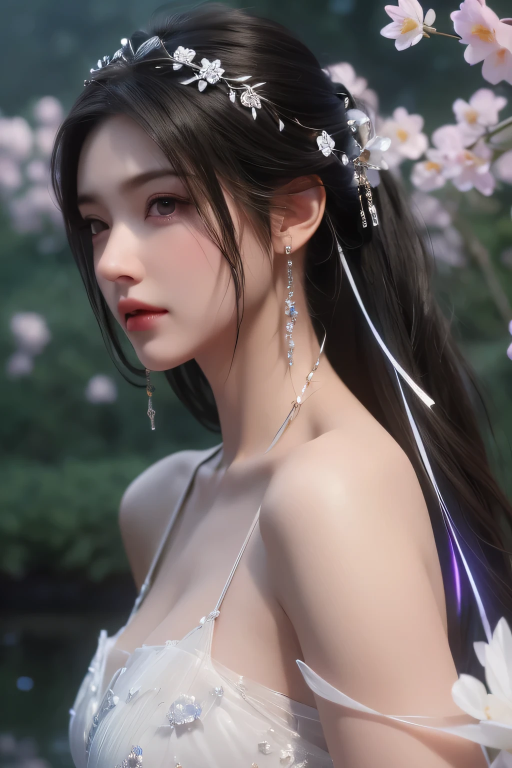 High-quality work，Realistic works，Super premium graphics，8K HD CG works，high quality graphics，High-definition and exquisite CG works，10x pixels，Ultra-fine details：1.1，Advanced technical details：1.1Realistic photo effects，Interior lighting effects：1.5，natural soft light：1.5. Light effect（Virtual light effects：1.8），ultra high resolution，shining dress，sliver long hair，silber hair，transparenthair，high detailed hair（Quality hair details：1.1）Clear eyes，Double eyelids look good，Sharp eye makeup, Create exquisite eyelash makeup, tthin eyebrows, Ultra-detailed eyes，a tall nose, lovely red lips, rosey cheeks, With delicate makeup on her face , pretty face, The face shape is perfectly proportioned,（Advanced facial details：1.1）light particles, halo, (bioluminescent:0.95), bioluminescent, piercing glare, vibrant, (((colourful))), color, (glowing, glow),ancient customs, wind blow, blossom, pond, night, moon relection in the pond, reflection light, depth of field, from behind, multiple views, delicated best quality ,masterpiece, illustration, an extremely delicate and beautiful, extremely detailed ,CG ,unity ,8k wallpaper, Amazing, finely detail, masterpiece,best quality,official art,extremely detailed CG unity 8k wallpaper,absurdres, incredibly absurdres, huge filesize , ultra-detailed, highres, extremely detailed,beautiful detailed girl, extremely detailed eyes and face, beautiful detailed eyes,light on face,1girl, (Super realistic), (black hair), (hair over one eye), (single braid hair), (rainbow eyes), ((hair ornament)), ((jewelry)), (hair jewelry), (((describe the arm in detail))), (((Super ))), ((sagging breasts)), ((Plump body)), (thighs), ((Plump )),, (detailed description of hair), ((upper body)), (Bare shoulder), ((collarbone)), (off shoulder), (Shiny skin), (detailed description of face), (Extremely detailed description of the eyes), (detailed description of body), (white and t Women's artwork，Dress full body video，Realism，Amazing Cleavage，My eyes are very bright today
