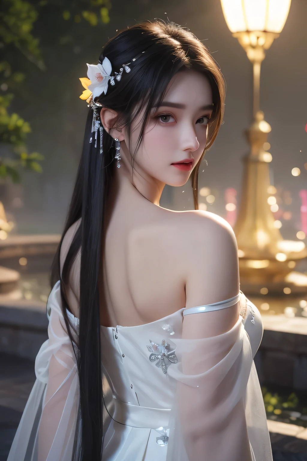 High-quality work,Realistic works,Super premium graphics,8K HD CG works,high quality graphics,High-definition and exquisite CG works,10x pixels,Ultra-fine details:1.1,Advanced technical details:1.1Realistic photo effects,Interior lighting effects:1.5,natural soft light:1.5. Light effect(Virtual light effects:1.8),ultra high resolution,shining dress,sliver long hair,silber hair,transparenthair,high detailed hair(Quality hair details:1.1)Clear eyes,Double eyelids look good,Sharp eye makeup, Create exquisite eyelash makeup, tthin eyebrows, Ultra-detailed eyes,a tall nose, lovely red lips, rosey cheeks, With delicate makeup on her face , pretty face, The face shape is perfectly proportioned,(Advanced facial details:1.1)light particles, halo, (bioluminescent:0.95), bioluminescent, piercing glare, vibrant, (((colourful))), color, (glowing, glow),ancient customs, wind blow, blossom, pond, night, moon relection in the pond, reflection light, depth of field, from behind, multiple views, delicated best quality ,masterpiece, illustration, an extremely delicate and beautiful, extremely detailed ,CG ,unity ,8k wallpaper, Amazing, finely detail, masterpiece,best quality,official art,extremely detailed CG unity 8k wallpaper,absurdres, incredibly absurdres, huge filesize , ultra-detailed, highres, extremely detailed,beautiful detailed girl, extremely detailed eyes and face, beautiful detailed eyes,light on face,1girl, (Super realistic), (black hair), (hair over one eye), (single braid hair), (rainbow eyes), ((hair ornament)), ((jewelry)), (hair jewelry), (((describe the arm in detail))), (((Super ))), ((sagging breasts)), ((Plump body)), (thighs), ((Plump )),, (detailed description of hair), ((upper body)), (Bare shoulder), ((collarbone)), (off shoulder), (Shiny skin), (detailed description of face), (Extremely detailed description of the eyes), (detailed description of body), (white and t Women's artwork,Dress full body video,Realism,Amazing Cleavage,My eyes are very bright today