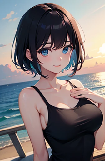 highest quality、Realistic、girl、Black Hair、Light blue eyes、short hair、Swimwear、Tanned dark skin、Tan Skin、Dark Skin、Large Breasts、smile、slender、Ocean、Bust Shot