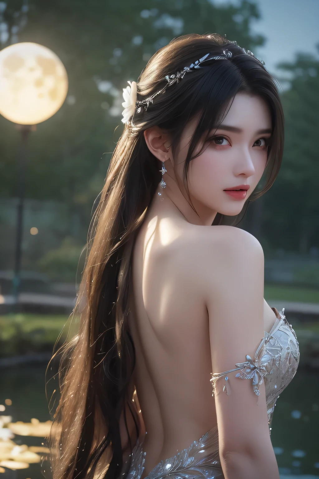 High-quality work,Realistic works,Super premium graphics,8K HD CG works,high quality graphics,High-definition and exquisite CG works,10x pixels,Ultra-fine details:1.1,Advanced technical details:1.1Realistic photo effects,Interior lighting effects:1.5,natural soft light:1.5. Light effect(Virtual light effects:1.8),ultra high resolution,shining dress,sliver long hair,silber hair,transparenthair,high detailed hair(Quality hair details:1.1)Clear eyes,Double eyelids look good,Sharp eye makeup, Create exquisite eyelash makeup, tthin eyebrows, Ultra-detailed eyes,a tall nose, lovely red lips, rosey cheeks, With delicate makeup on her face , pretty face, The face shape is perfectly proportioned,(Advanced facial details:1.1)light particles, halo, (bioluminescent:0.95), bioluminescent, piercing glare, vibrant, (((colourful))), color, (glowing, glow),ancient customs, wind blow, blossom, pond, night, moon relection in the pond, reflection light, depth of field, from behind, multiple views, delicated best quality ,masterpiece, illustration, an extremely delicate and beautiful, extremely detailed ,CG ,unity ,8k wallpaper, Amazing, finely detail, masterpiece,best quality,official art,extremely detailed CG unity 8k wallpaper,absurdres, incredibly absurdres, huge filesize , ultra-detailed, highres, extremely detailed,beautiful detailed girl, extremely detailed eyes and face, beautiful detailed eyes,light on face,1girl, (Super realistic), (black hair), (hair over one eye), (single braid hair), (rainbow eyes), ((hair ornament)), ((jewelry)), (hair jewelry), (((describe the arm in detail))), (((Super ))), ((sagging breasts)), ((Plump body)), (thighs), ((Plump )),, (detailed description of hair), ((upper body)), (Bare shoulder), ((collarbone)), (off shoulder), (Shiny skin), (detailed description of face), (Extremely detailed description of the eyes), (detailed description of body), (white and t Women's artwork,Dress full body video,Realism,Amazing Cleavage,My eyes are very bright today