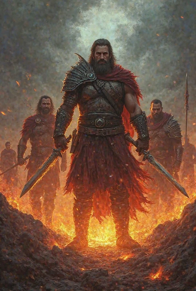 Create a dynamic and epic cover for the “Primal Sorcerer Tarot” that evokes the power and mystery of a world filled with barbarian warriors and powerful sorceresses. The composition should resemble a classic movie poster, with a central figure of a muscular, battle-hardened barbarian holding a huge sword, with fierce and determined eyes. Around it, several charming sorceresses, each with a different mystical aura: She casts a glowing spell with her hands, Another holds an ancient staff that crackles with magical energy and the third, with vaporous tunics, summons a spectral beast from another realm. The title 'Primal Sorcerer Tarot' is stamped across the top in the powerful 'Germania One' font., with a metallic and antique touch. The overall color palette should be rich and dramatic., with deep reds, golds and dark shadows to emphasize the epic nature of the scene, capturing the primitive essence and magical intensity of this fantasy world.»