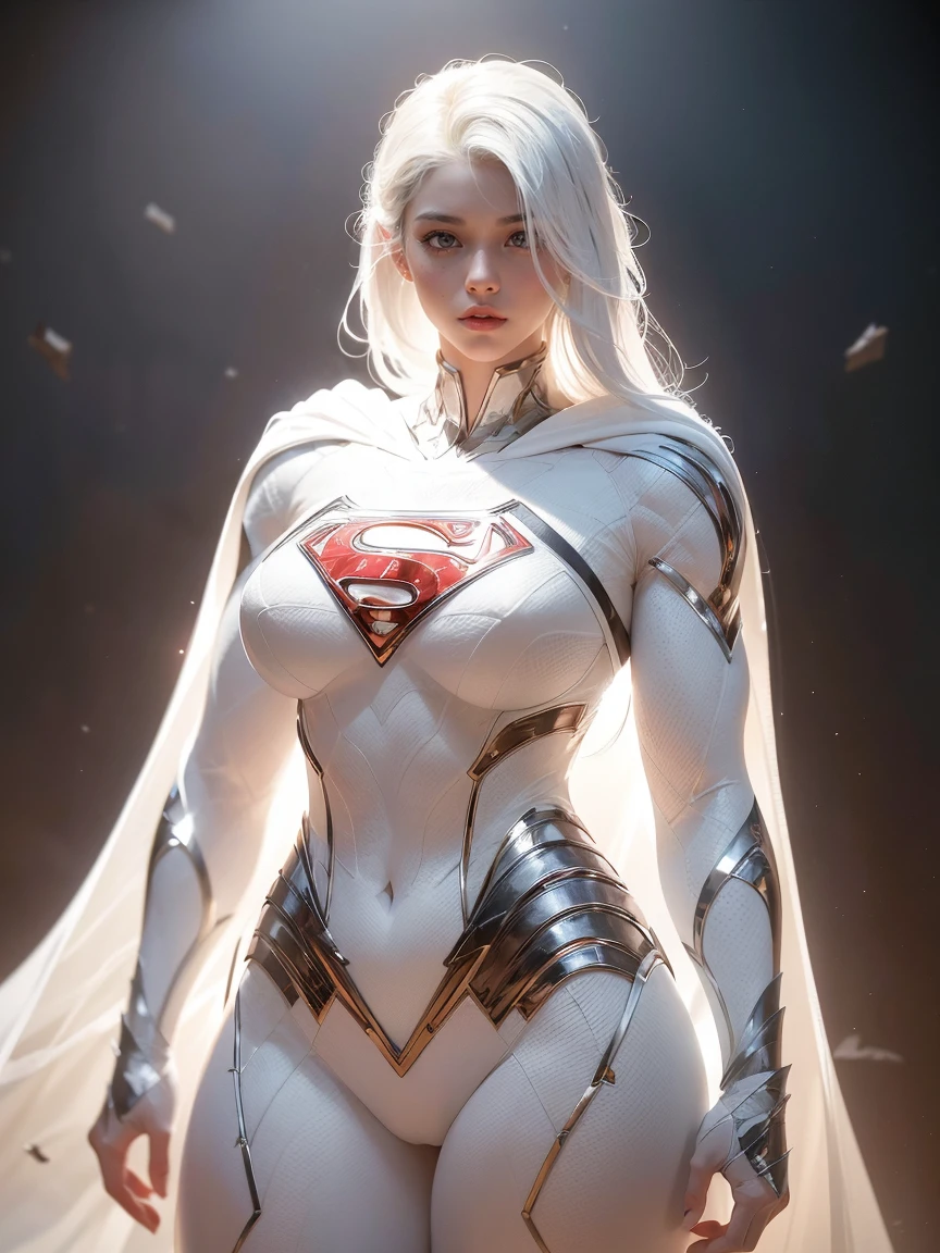A 25-year-old girl with white hair in an elaborate long-sleeved Superman costume in white, covering the whole body, white capelet, big breastes, generous cleavage, White Superman Costume, Suit with white carbon fiber details, bent over (Posing on the display:1.4), (intricate details:0.9), (HDR, hyper-detailing:1.2), (natural skin textures, hyper realisitc, soft light, Sharp), Photos in RAW and 35mm format. Dark radial background.