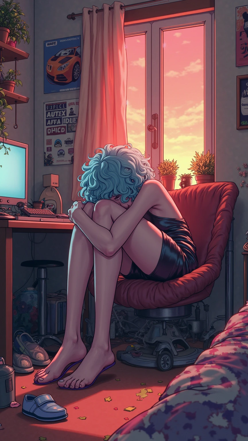 score_9_up, score_8_up, score_7_up, dynamic pose, portrait, headshot, multiple views, 1girl, NEET, (fair skin), tired, sleepy, (very long hair), (very messy hair), purple hair, (cyan eyes), medium breasts, frown, oversized shirt, (untucked shirt), off shoulder, bare shoulders, collarbone, choker, bike shorts, barefoot, (in a dark room), lights off, (dim lighting), messy room, junk food, (from behind), (facing away), a large television, video game console, game controller, futon, at night, dark theme, <lora:Phatsmash:1>