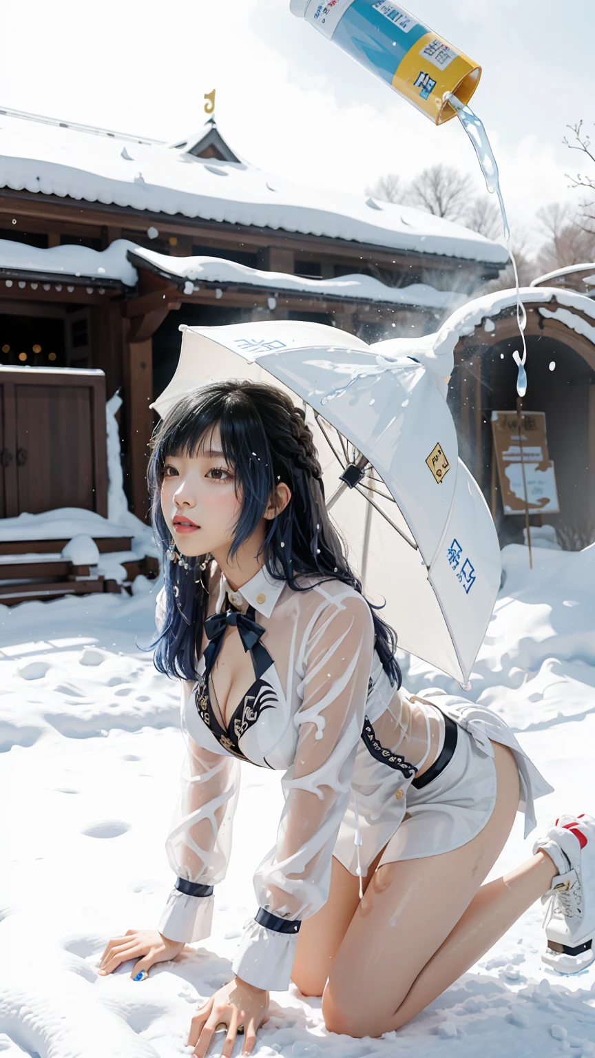 (photorealistic:1.3,highest quality,8K quality,masterpiece:1.3,High resolution,muste piece:1.2),23 year old woman in white leotard,(choker) Clean wet skin, (Photo seen from below:1.2),(looking at the camera:1.2),(short hair:1.2,wet bright blue hair:1.5),(smile:1.2),(lie down in a hot spring),(full of sweat:1.3),open-air bath,steam,vapor,background(snow scene,snow mountain:1.3, sunrise:1.3),(Bold pose with legs spread,dynamic pose:1.2),(Wet clothes stuck to my skin:1.4),(Nipples visible through clothing),(genitals visible through clothing),(Butt visible through clothes),(slender, abs:1.2),(young skinny gravure idol, sophisticated gravure idol),(detailed perfect face),normal hands:1.5,normal finger:1:5,normal foot:1.5