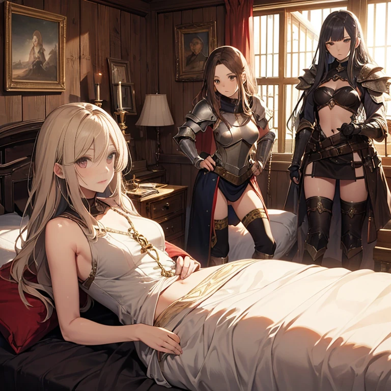 A female knight,metal armor , wounded, scared face, badly torn-damaged clothes, almost naked, equipment around her, full body, defeated, bare chest , tears, cum, , laying, full body, after rape, , cum dripping from vagina, in tent, surrounded by goblins,