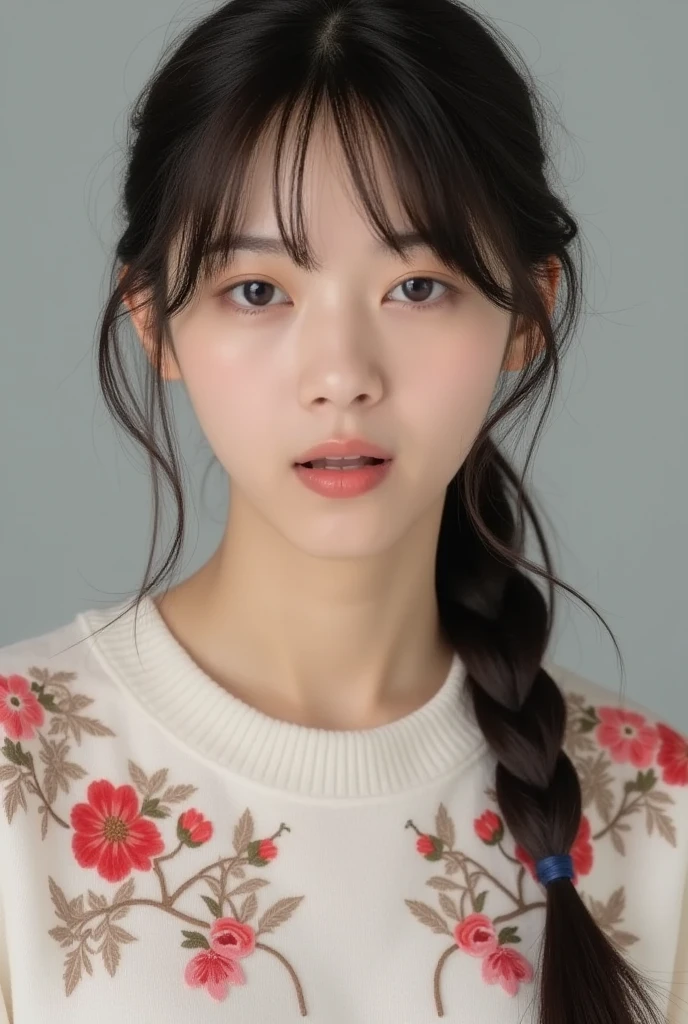 ((Extremely precise and accurate anatomy:1.0)), (photo realistic:1.4), (Hyper realistic:1.4), (Highest qualityの現実的な肌の質感:1.4), (Improvement of quality:1.4), (Enhances the beauty of skin texture:1.1), Clean and glowing skin,(((masterpiece、Attention to detail、Ultra-high resolution、Cute Japanese Woman)))、length, Straight black hair frames her face、Each strand of hair is clearly visible、The skin is white and smooth、Has a natural glow、Fine skin、毛穴のExpressing every detail、A detailed look at the areas with slight redness on the forehead and cheeks、The eyes are dark brown.、Iris Detail、Expressing color gradations and patterns、length, Natural Eyelashes, well-groomed eyebrows、personal々The hair is clearly visible、Light reflects off the eyes、Create small highlights、The nose is delicate、nose孔の細かいディテール、Lips are plump and naturally pink、Fine lines and soft curves of the lips、Glossy Lips、Enhances the shape of your lips、Detailed depiction of lip texture、((depiction of light and shadow))、Soft natural light gently illuminates your face from the front、A faint glow on the forehead, nose, and cheeks、The shadows are softly cast along the contours of the face.、Accentuate the curves of your cheekbones, chin and sides of your nose、Her lip gloss subtly reflects the light...、Increases lip plumpness、The shadows in the hair add depth and dimension、Your hair sparkles in the light、The background is simple and blurry.、Focus on the face、(((Highest quality、Expressing every detail)))