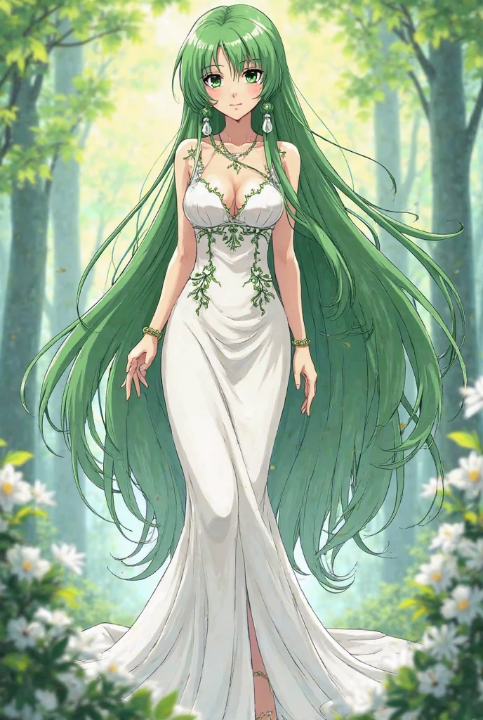 A woman in a white dress with long green hair, anime goddess - SeaArt AI