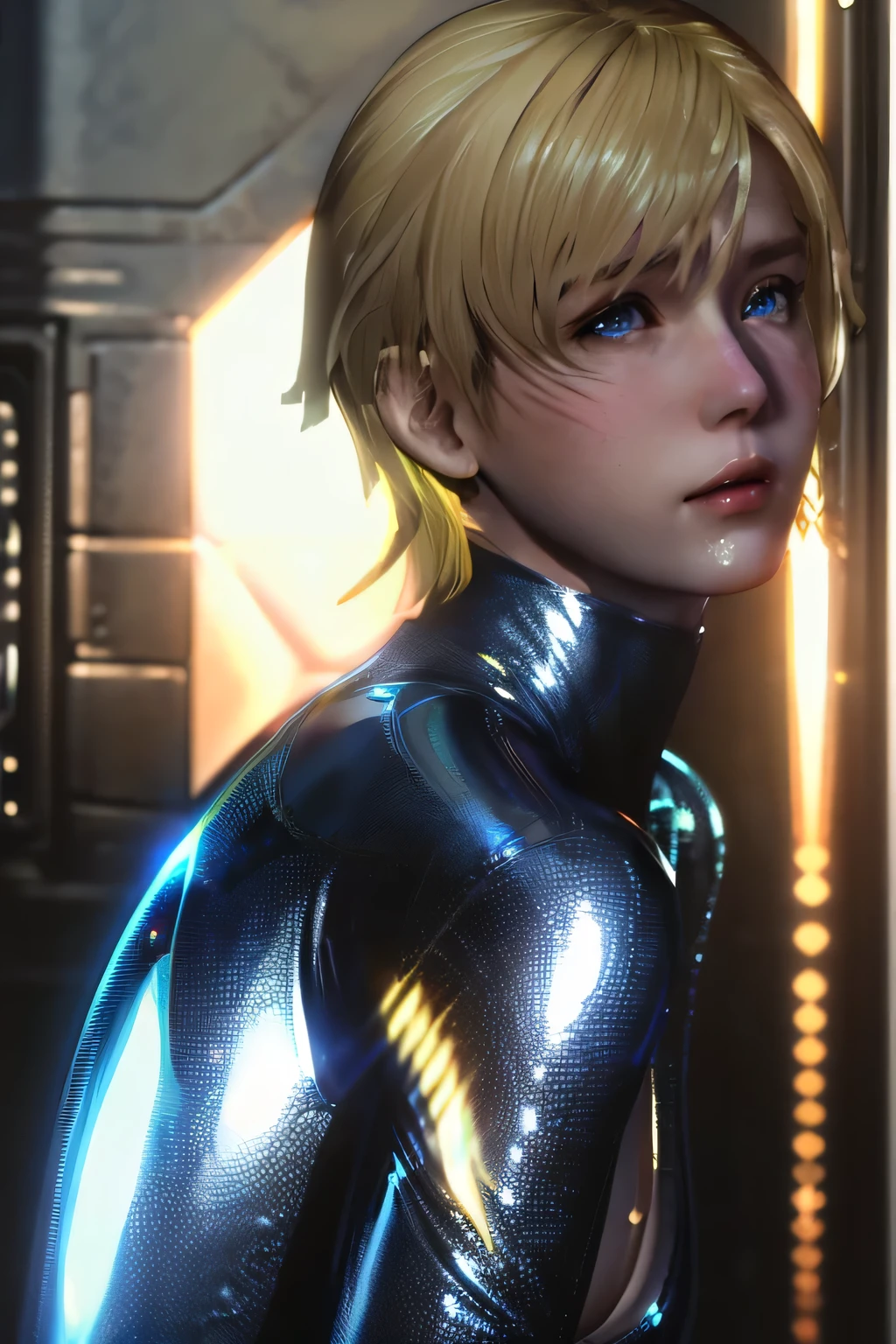 perfect anatomy TOP QUALITY, highest resolution,(((shiny clothes Shiny Blonde short hair full of pee blue eyes Shiny Skin))) Sherry Birkin