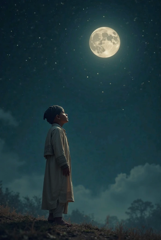 Little boy with a purple thin scarf around his neck, Looking at the moon(anime)

