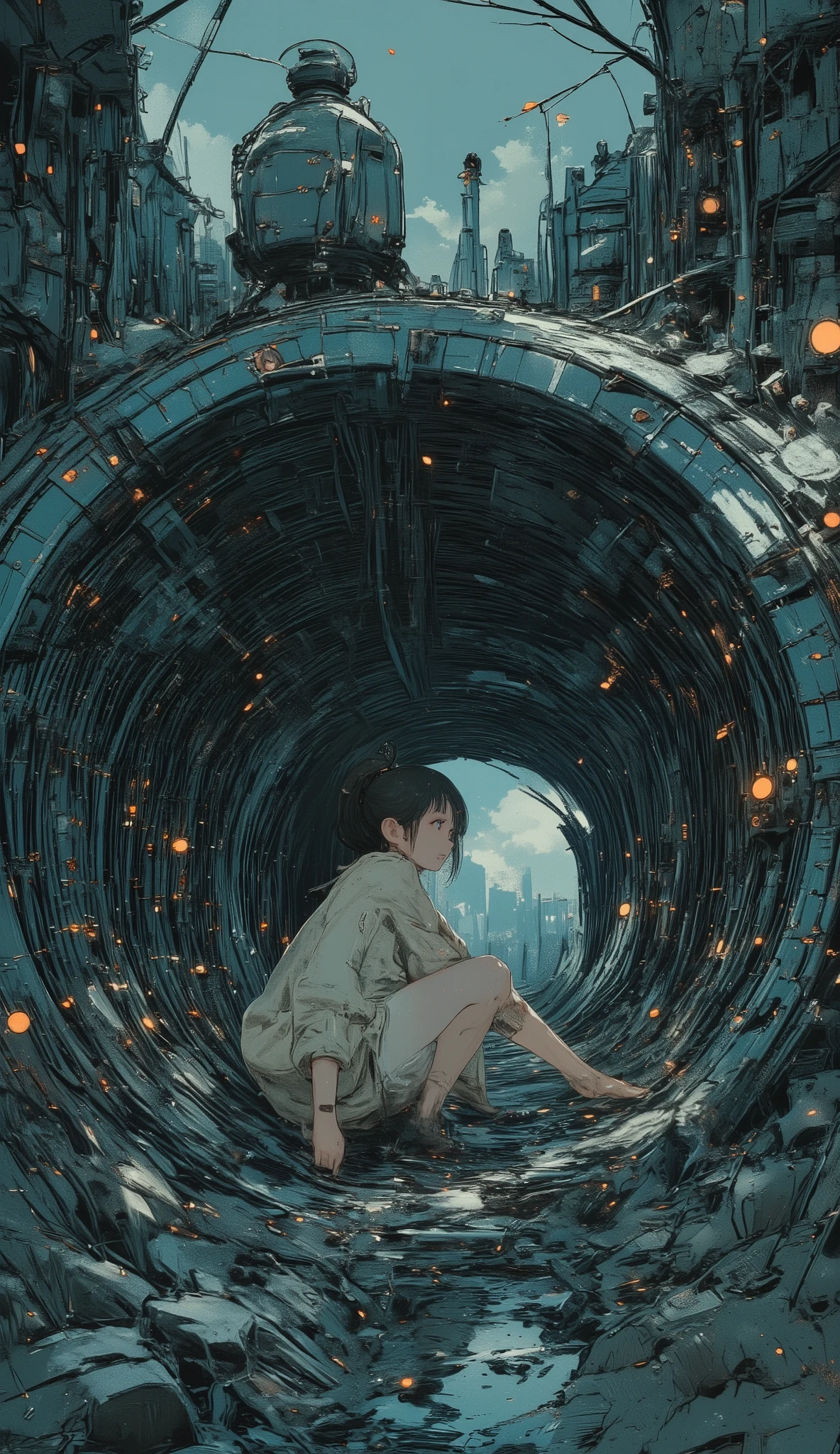 Carafe sitting on a pipe with legs crossed, anime girl in white panties is crouching, Crawling through a wet sewer pipe, Chiho, monster, cruel Korean gothic girl, Ulzzang, concept art by , Against the backdrop of , wear Japanese tech wear with cyberp, Stop 4 *, Taking pictures in various poses