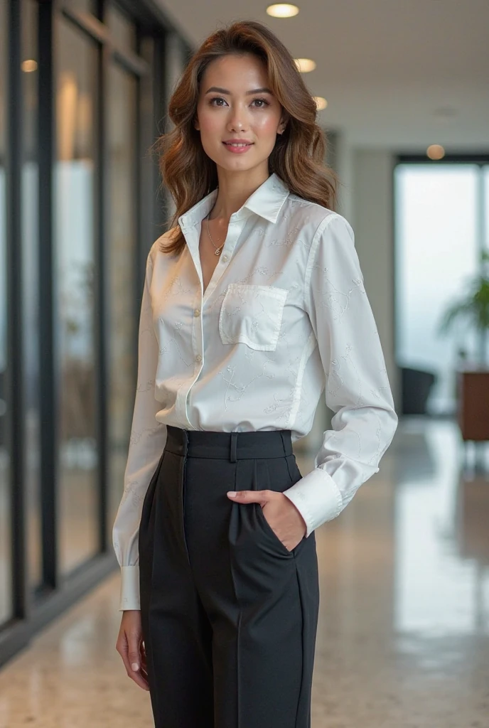 a beautiful young woman, Jennifer Connelly lookalike, exuding an air of confidence and intellect in a sleek modern office space beside a complex financial chart on the wall, you can feelher analytical mind at work, straight in the camera gaze, slightly smiling, full body, top model measurements, perfect body, office dresscode, wearing glasses, longe legs, cute face, still very professional, by Alejandro Burdisio