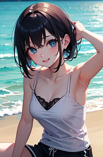 <lora:MinamiKurose-03:0.8>, minamikurose, looking at viewer, smile, blue eyes, navel, holding, swimsuit, bikini, outdoors, sky, choker, day, cloud, grin, tree, blue sky, hand on hip,black bikini, bandages, bandaged arm, palm tree, logo, sarong,surfboard