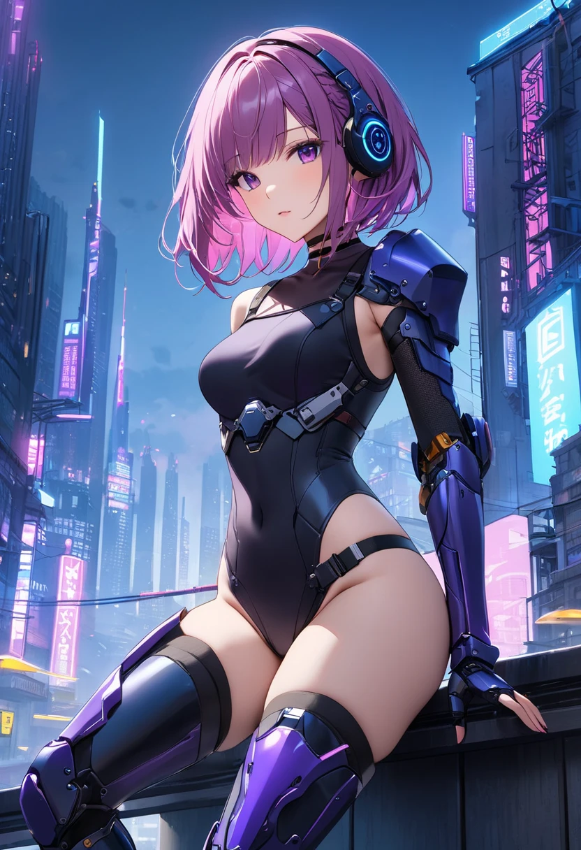 masterpiece, extremely detailed, ultra high res, 8K, 1girl, small breasts, wide grin, short hair, purple hair, punk outfit, short boots, asymmetrical thighhighs, exposed midriff, holding gun, cyberpunk setting, cyberpunk city, cyberpunk city in background, (sitting on the edge of a building overlooking a cyberpunk city:1.3), cigarette in mouth, (night:1.5), neon lit buildings, <lora:add_detail:1>