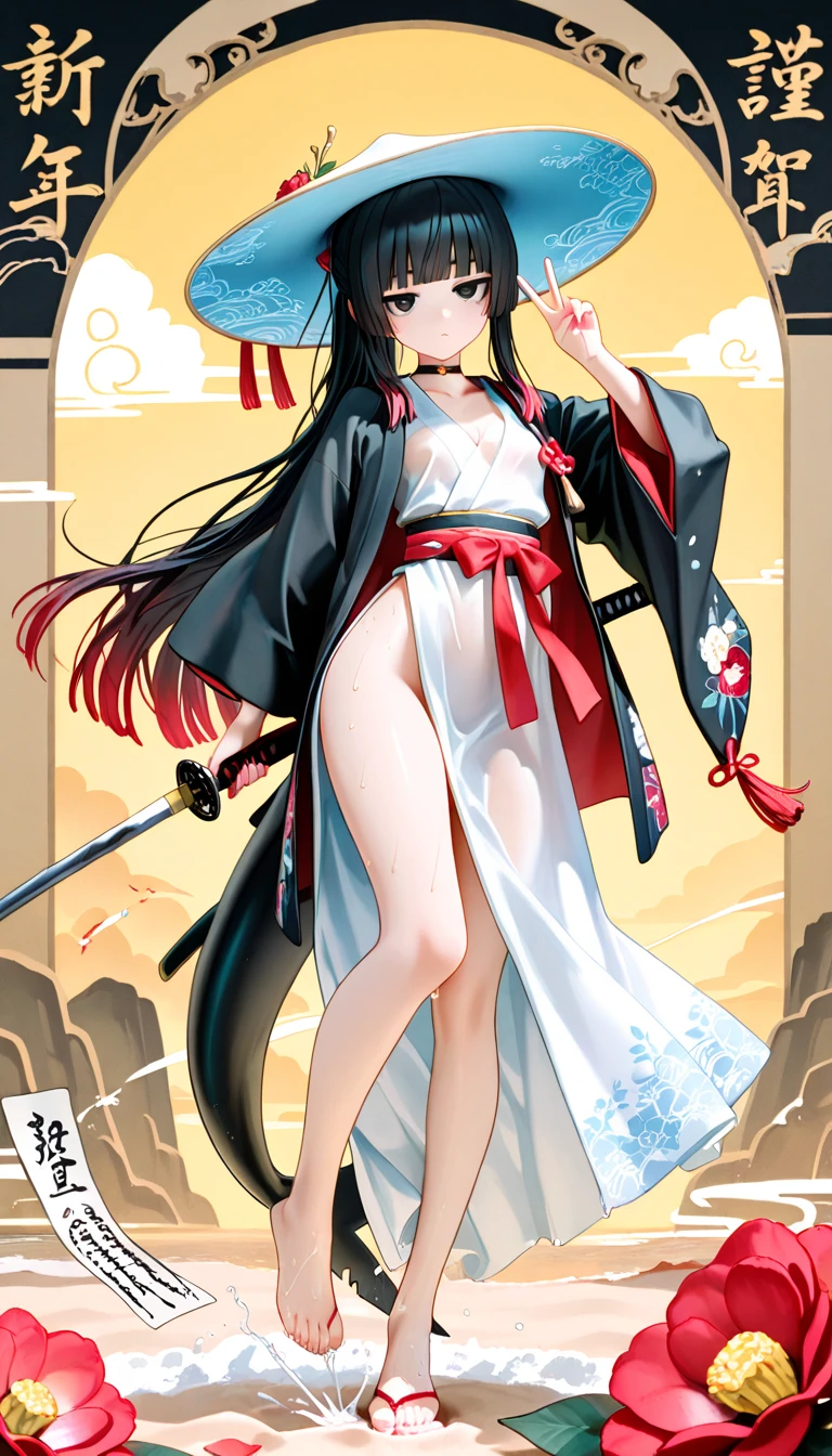 japanese female student, 1 meter 5 high, , not wearing clothes, showing small breasts and genitals, long black hair, show full body.And have a old man, 1 meter 8 high touched her chest