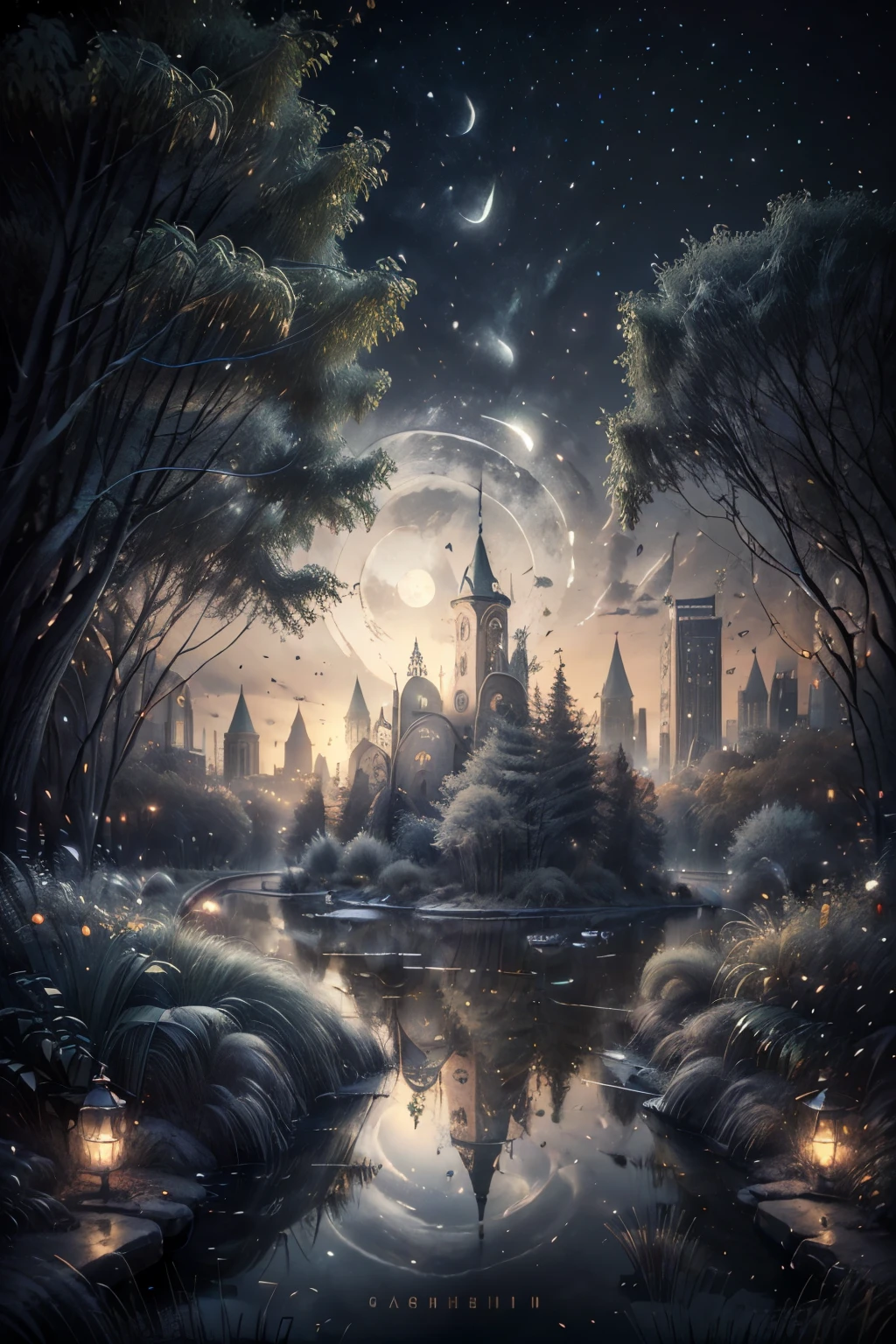 A Fascinating Summer Night in the City. View of the large park on the other side of the white park on the other side of the railroad tracks. Many lights, wreath, music, people々. Moonlit Distant Lake.A Maze-like Square in the City. Cars Fly Away Like Fireflies