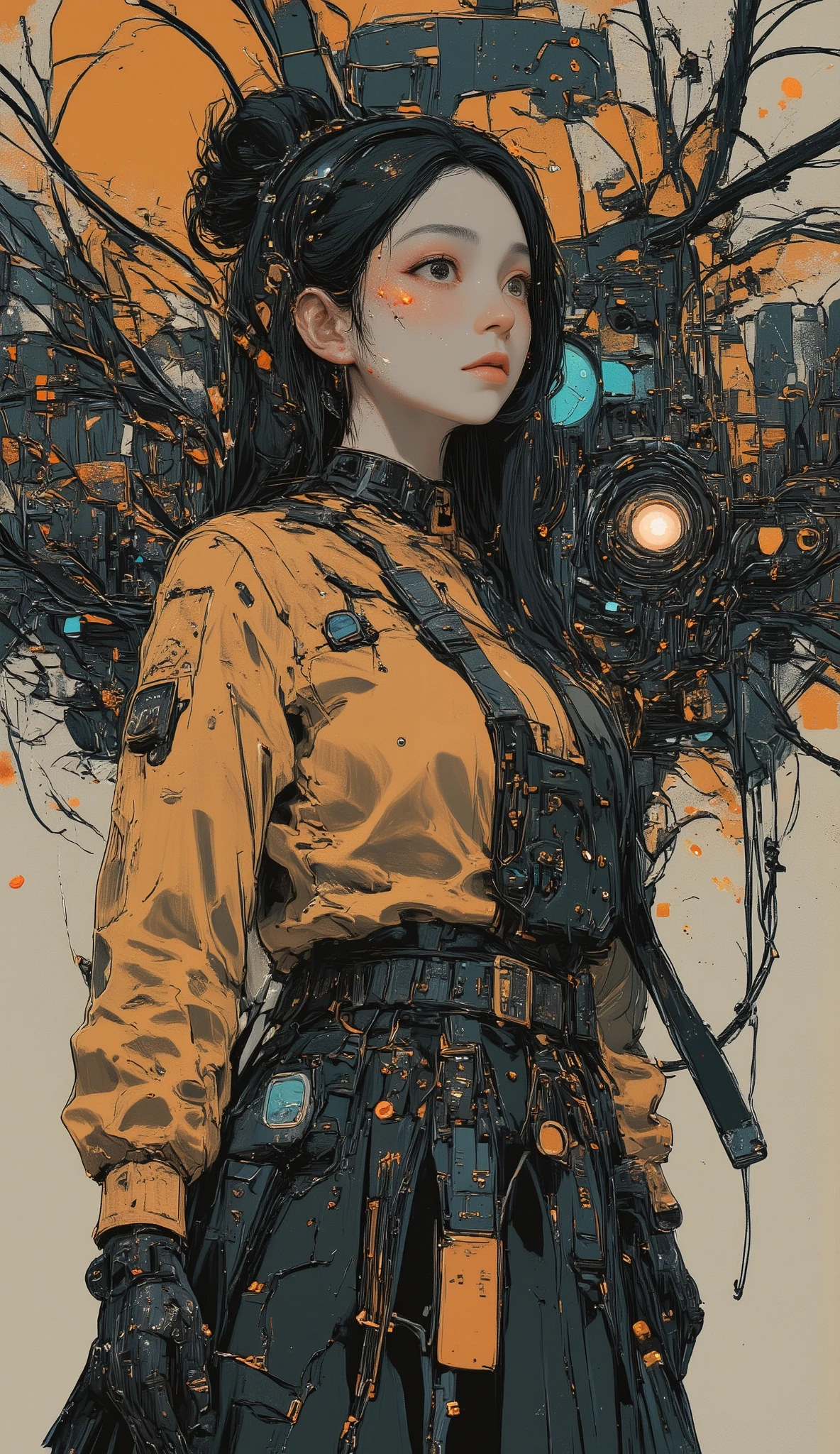 Arab woman standing in front of a machine with lots of wires, cyberpunk art inspired by Leng Mei, Unsplash , Neo-Dada, Biopunk futuristic costume , Cyberpunk Style Outfits, cyberpunk costume , Cyberpunk 20. Model Girl, portrait of a mechanical girl, ghost in the shell style, cyberpunk fashion outfit , wears cyberpunk streetwear