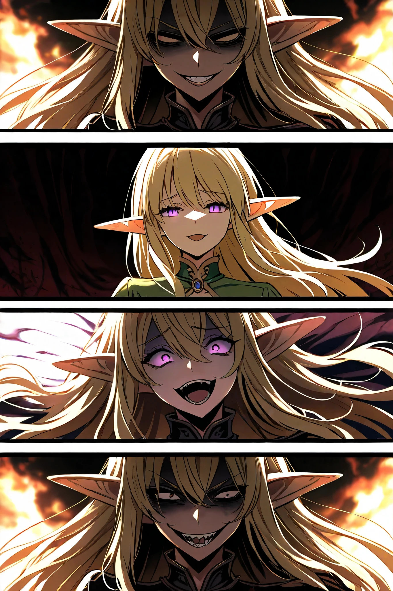 Female elf , Blonde long hair, dark fantasy feeling, Villain feeling, evil atmosphere, wicked laugh