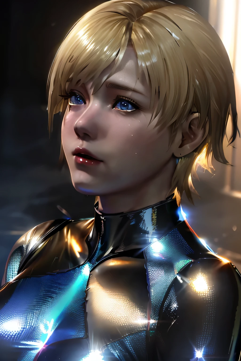 perfect anatomy TOP QUALITY, highest resolution,(((shiny clothes Shiny Blonde short hair full of pee blue eyes Shiny Skin))) Sherry Birkin