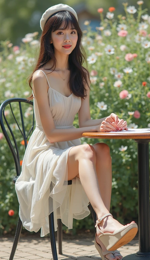 Caucasian girl、sitting on a park bench、background blur、Super high quality、sunlight、Off-the-shoulder short dress、legs open、Fair-skinned beautiful girl、messy long hair、small cleavage、A fleeting look、clear outline